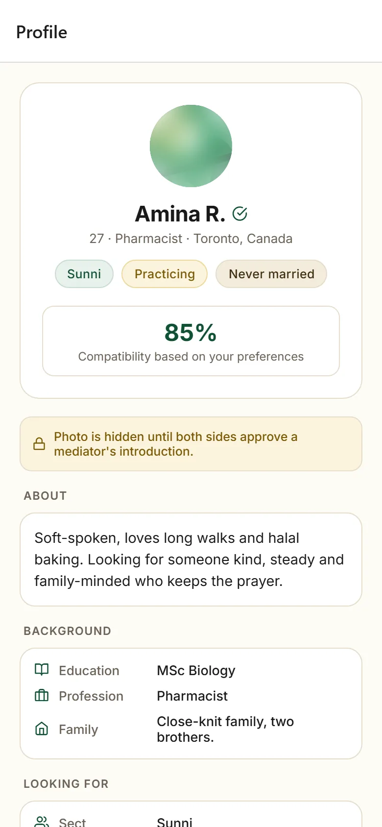 A candidate profile with the photo blurred by default