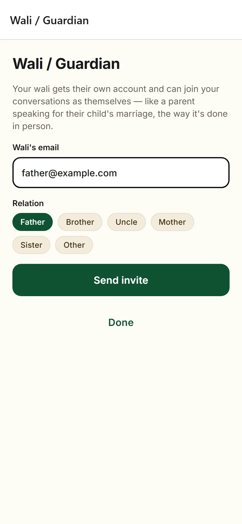 Inviting a wali (guardian) to follow introductions in the HamKuf app